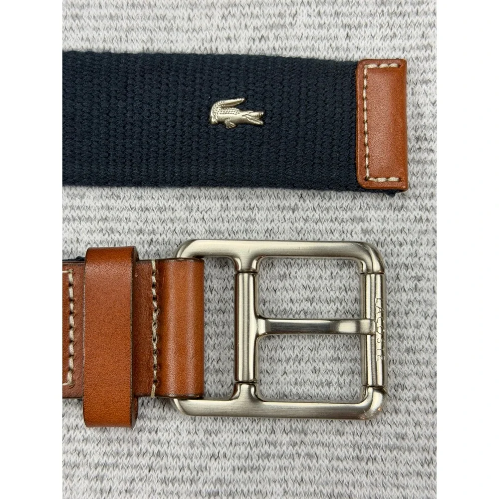 Lacoste Mens Navy Blue Webbed Belt Brown Leather Trim Logo Size 36